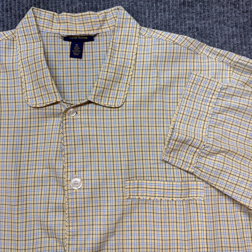 Club Room Pajama Top Mens XL Yellow Plaid Camp Collar Button Up Sleep Shirt
